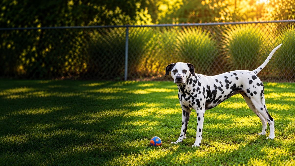 Dalmatian standing on a lush green lawn with a ball nearby